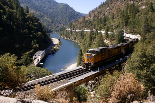Train traveling along the Feather River