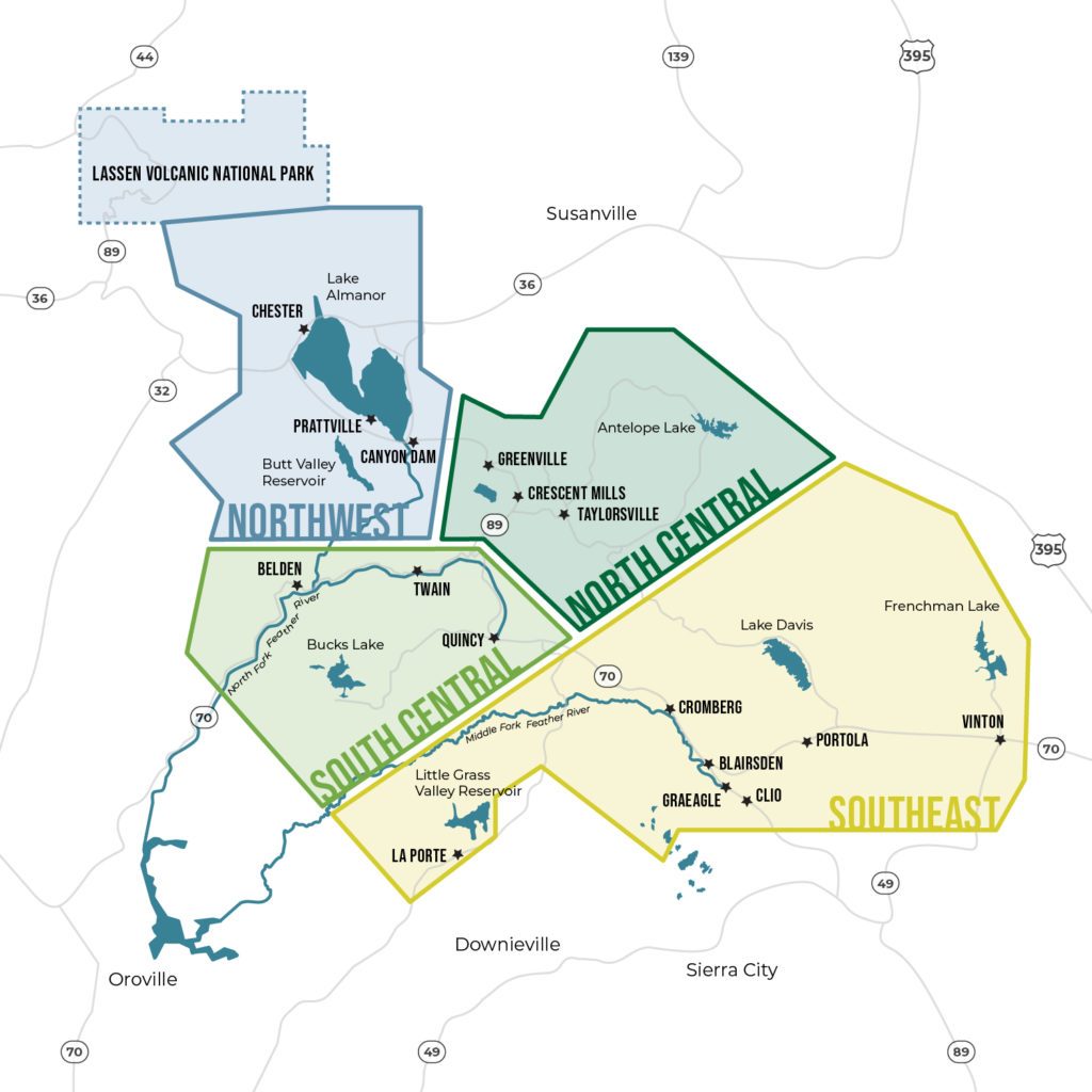 map of plumas county showing the 4 regions