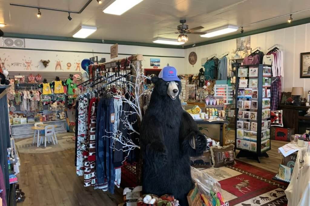 displays with bear inside cozy cabin