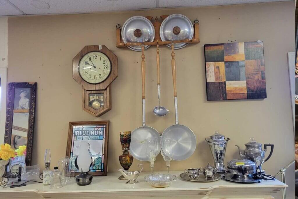 display with old clock and wall hangings blue nun