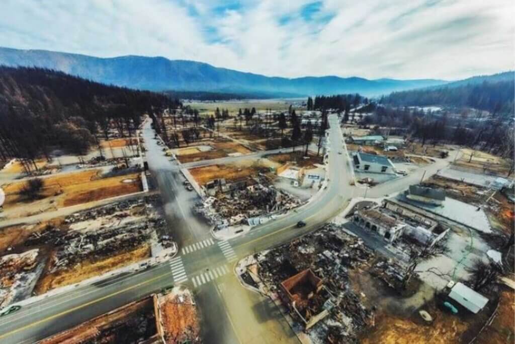 Aerial view of Greenville during clean-up after the Dixie Fire