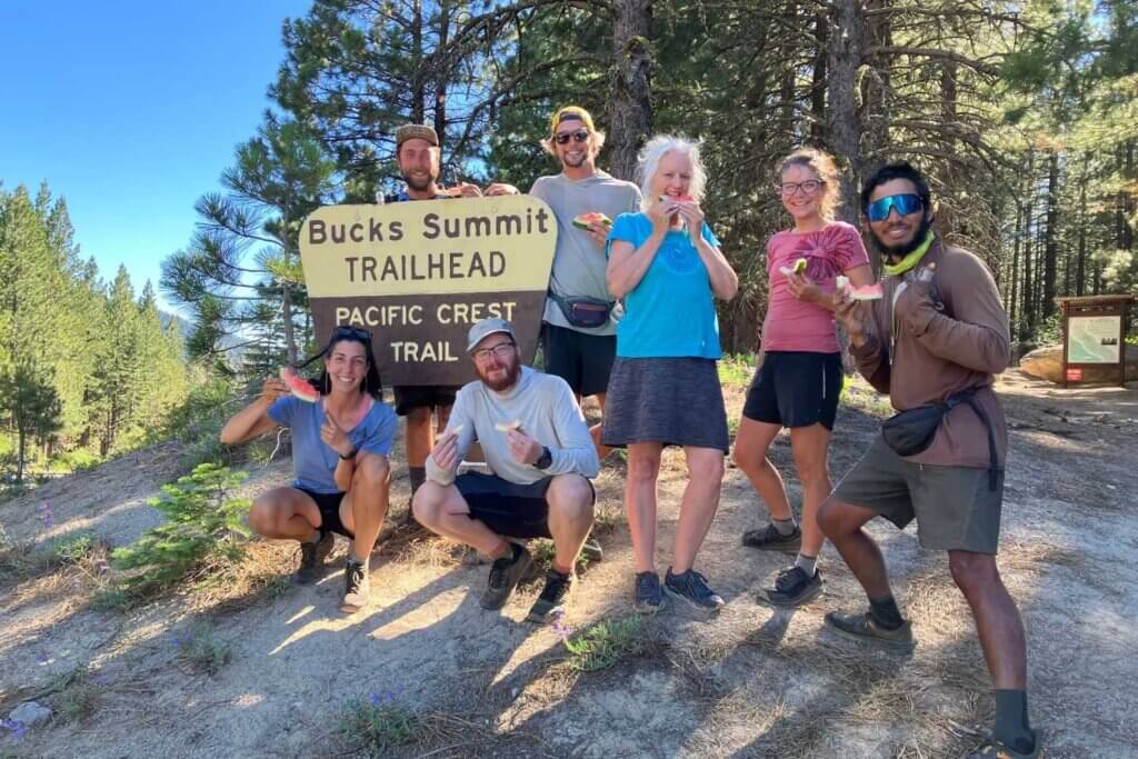 Trail Angels bring watermelon to PCT Hikers at Bucks Summit Trailhead