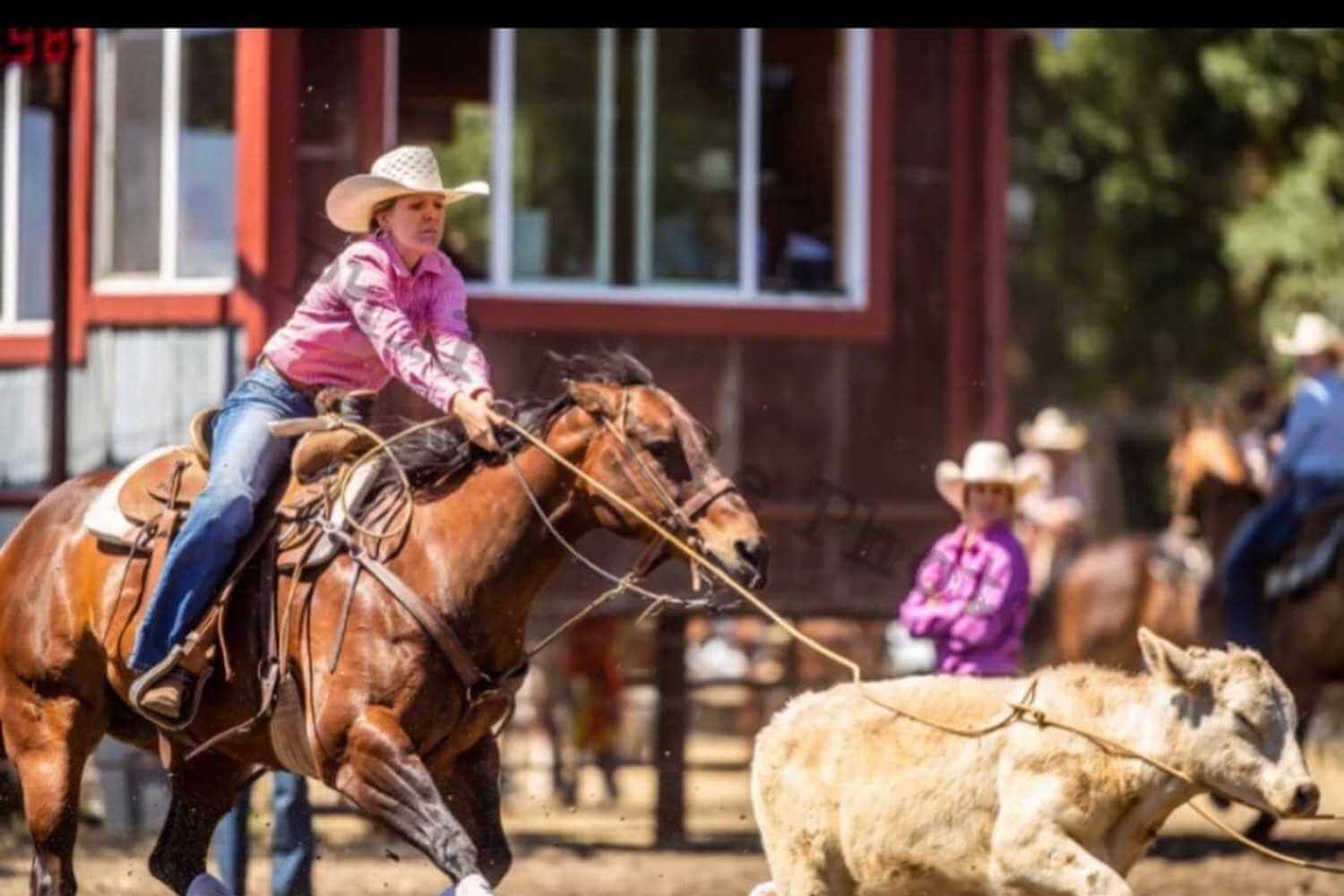 girl on horse back heading steer FRC rodeo