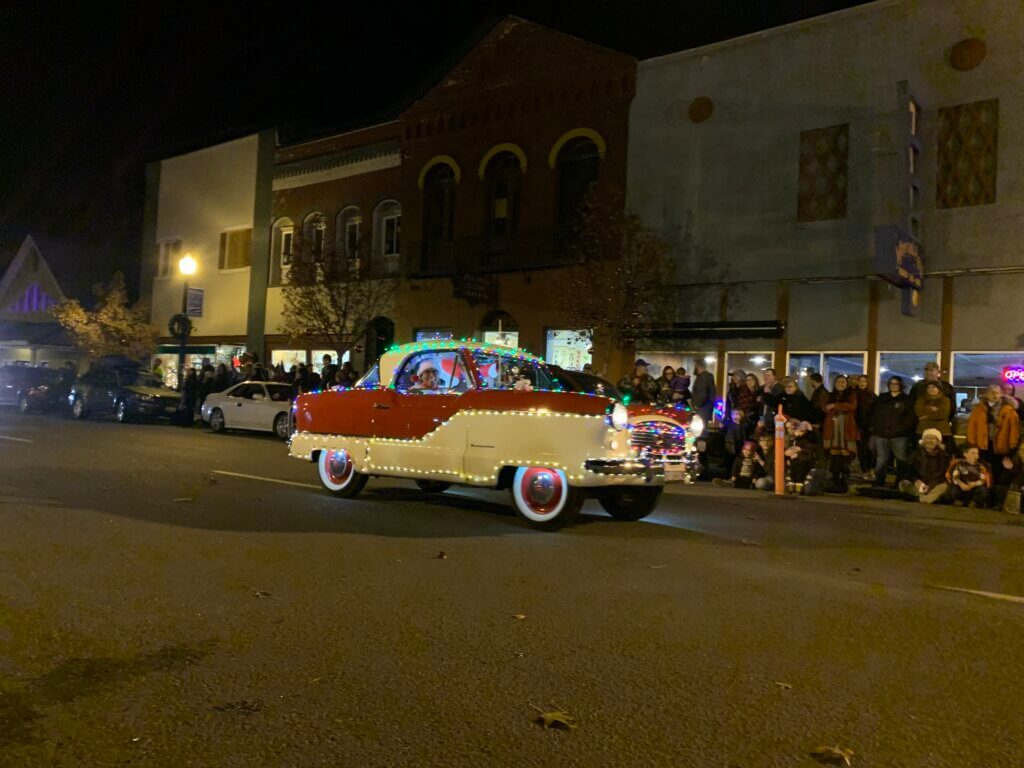Vintage car lit up for Sparkle Parade Quincy Ca