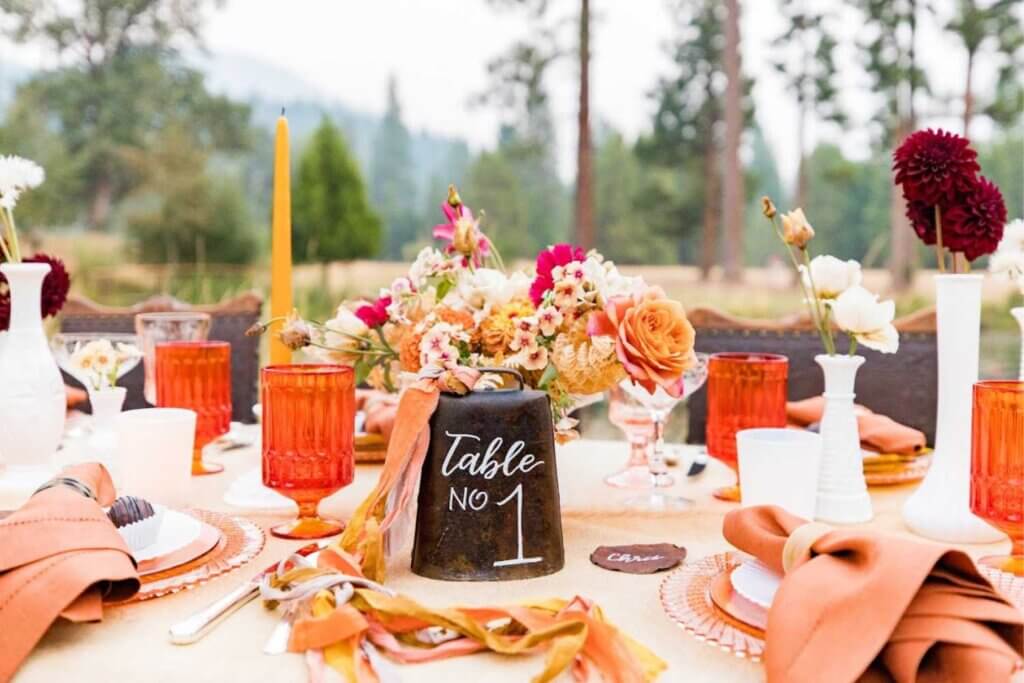 A Wedding table-scape at Kinship Ranch in Plumas County