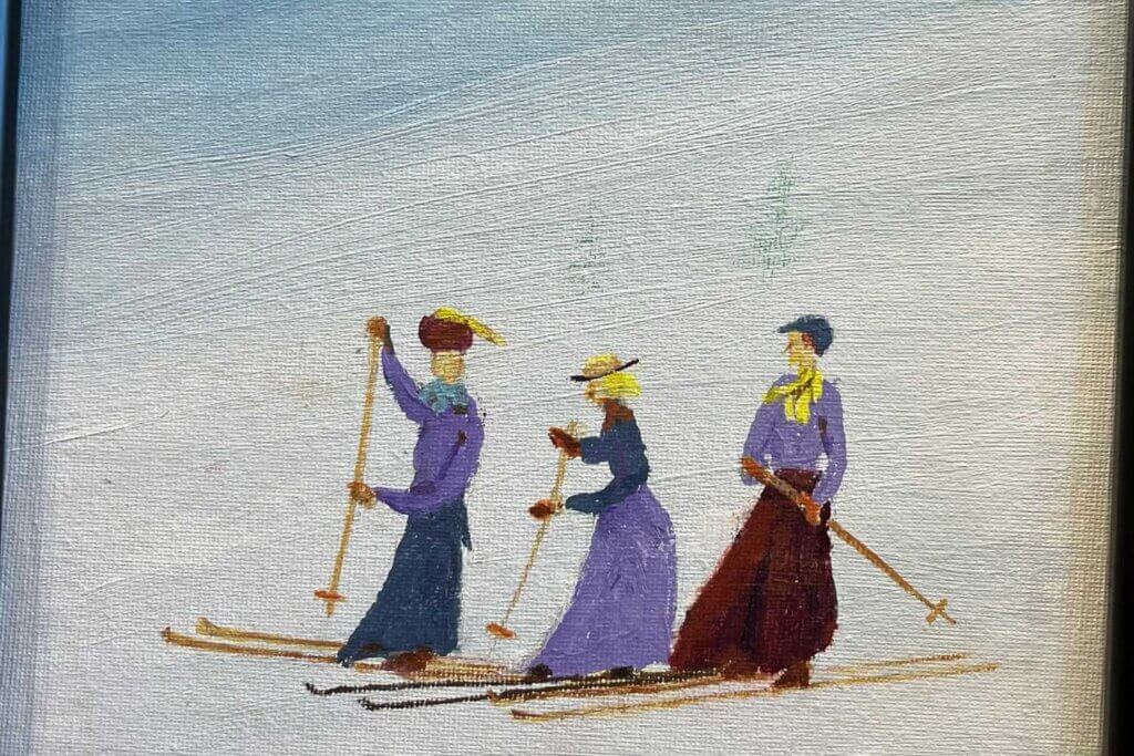 Historical drawing of 3 women longboard skiers