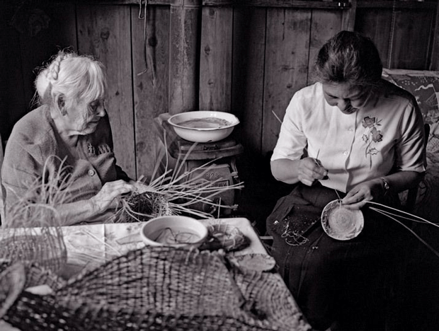 Daisy and Lilly Baker making baskets in the 1960s in Plumas County