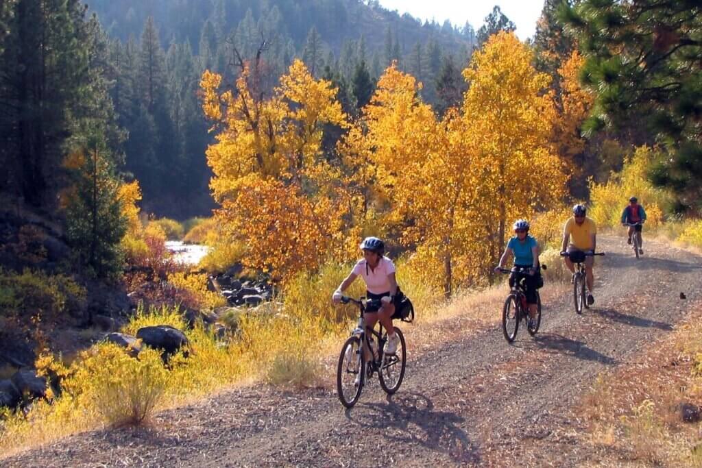 Bright Yellow Fall Colors along the Bizz Johnson trail with four bike riders