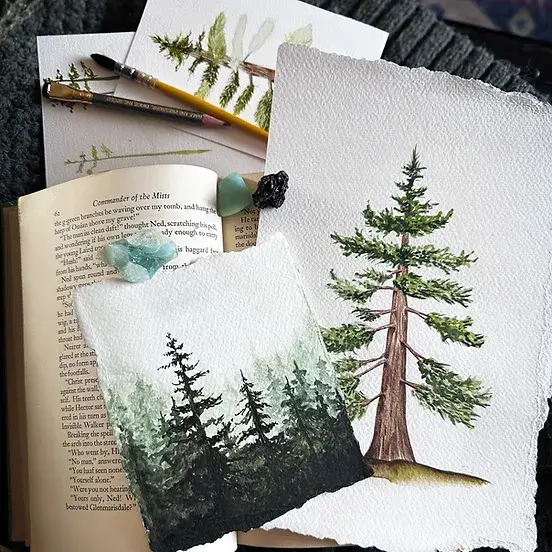 Image of a pine tree drawn with watercolors