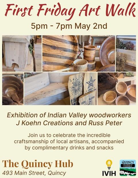 flyer for 1st Fridays at Quincy Hub with samaple work from local artisans