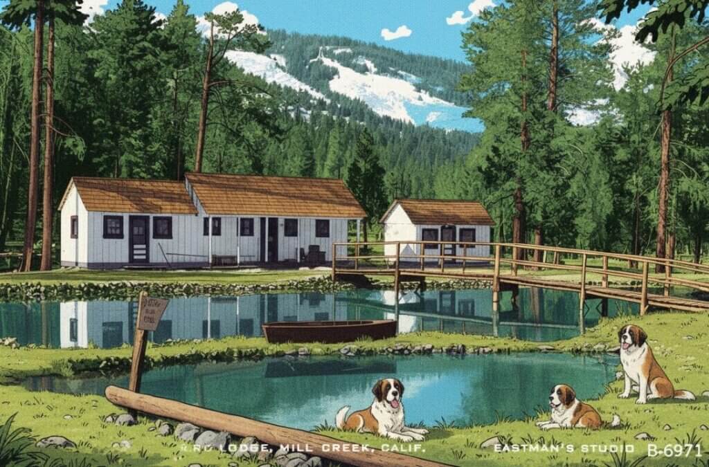 Historical decipted of the ponds and two cabins at the St. Bernard Lodge